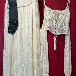 Cream Lace Maxi Skirt Set with Black Studded Belt